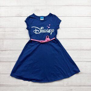 Disney Girls Blue Dress Short Sleeve Logo Dress Pink Belt Fit Flare M 7-8